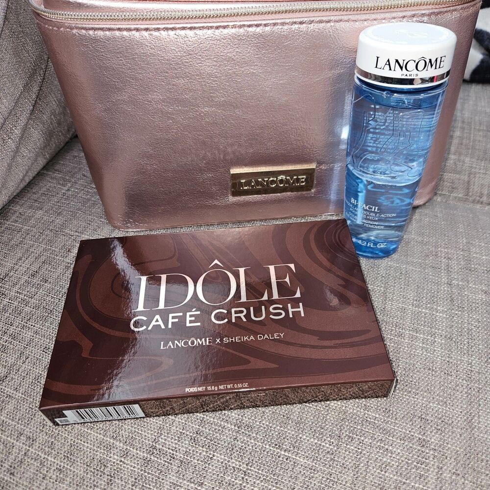 LANCOME Metallic Pink Makeup Case With Idole Eyeshadow Pallet and Makeup Remover